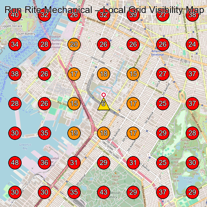 Run Rite Mechanical GeoGrid visibility map for Plumber in Brooklyn